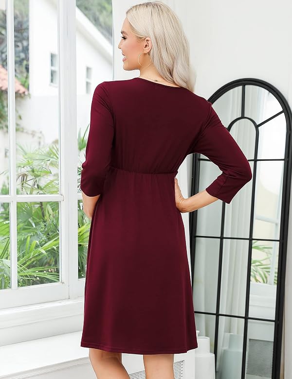 FUNJULY Women's Casual Ruffle Maternity Dress Nursing V Neck 3/4 Sleeve High Waisted Pleated A Line Party Midi Dress Burgundyll S by FUNJULY - Image 7