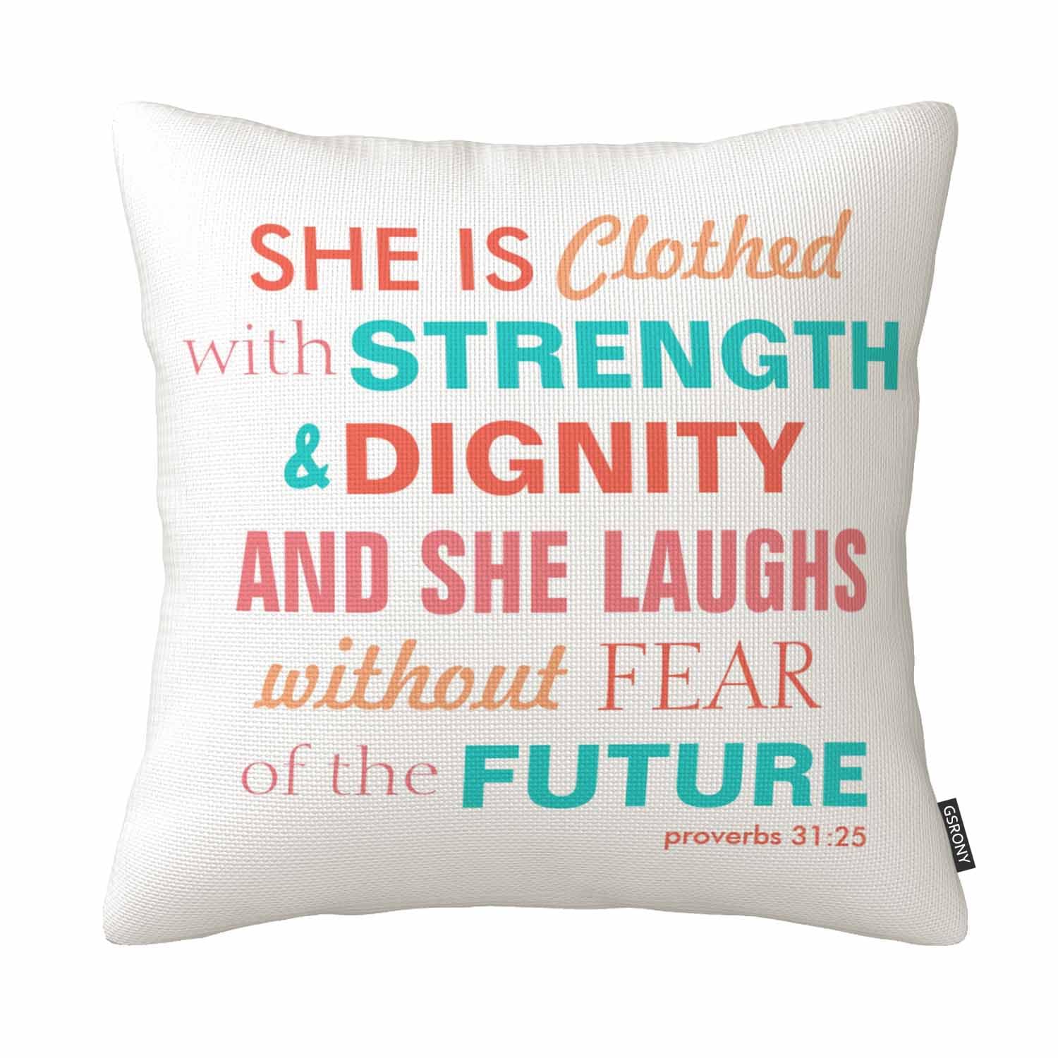 Quote Print Throw Pillow Covers Bible Verse Proverbs 31:25 Cushion Pillow Case Home Decor Pillowcase 18x18 Inches