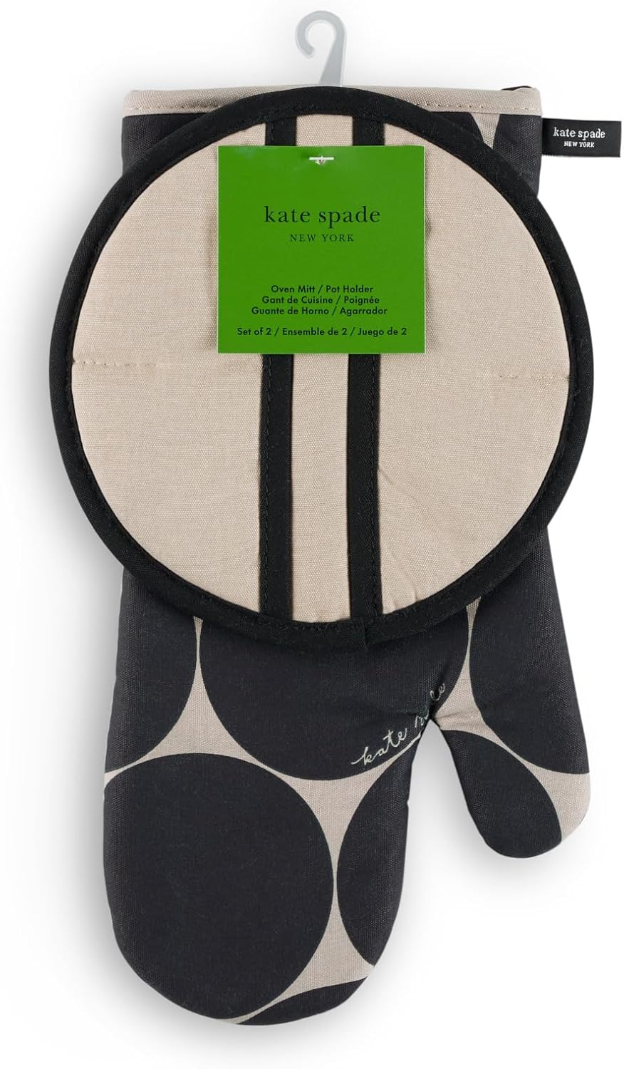 Kate Spade New York Joy Dot Oven Mitt & Pot Grabber 2-Pack Set, 7" x 13", 8" Round, Black/Beige - Image 9