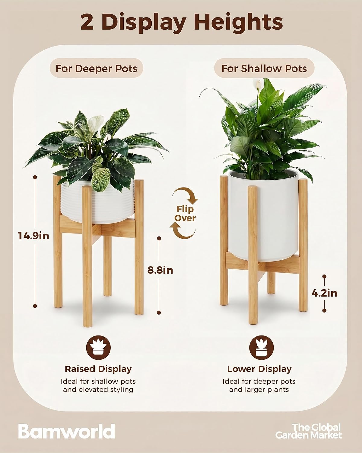Bamworld 14.9in Adjustable Plant Stand Indoor Bamboo Plant Stand Natural image 2