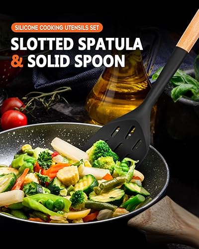 Miniatura 6 de Badiano Paquete de 3 espátulas de silicona, juego de utensilios de cocina antiadherentes, mango de madera para hornear, mezclar, asar a la parrilla,