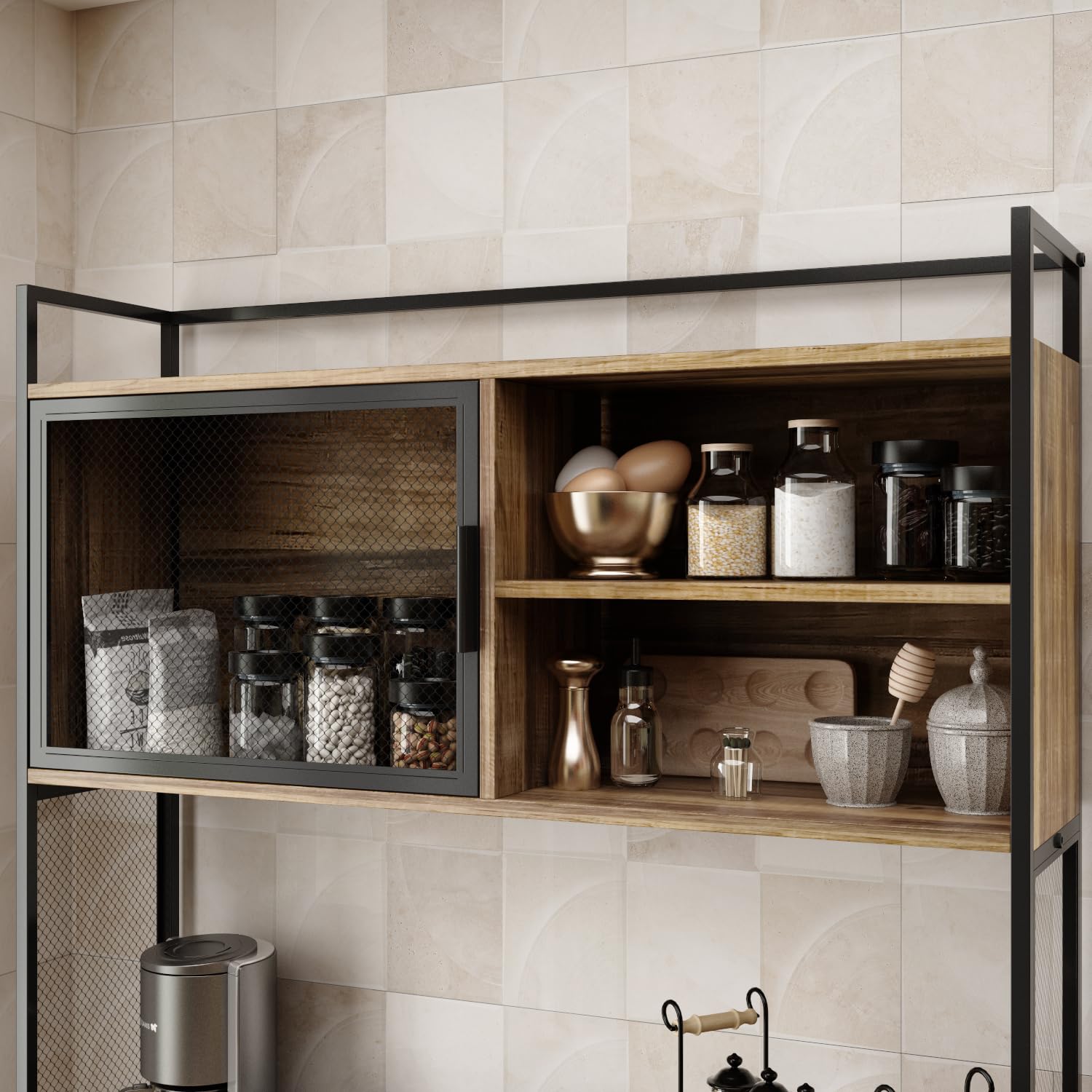 Buffet de Cuisine Industriel 100cm – Armoire Haute 175cm avec 3 Tiroirs, Porte Vitrée & Étagères Ouvertes – Meuble Métal-Bois pour Cuisine & Salle à Manger, 100×175×40cm