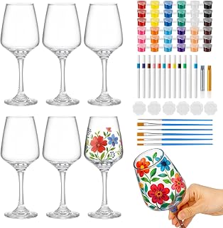 6 Sets Paint Your Own Wine Glass Set 10 oz White Wine Glasses with Long Stem Glasses Paint Strips Brushes Palette Liner Pens and Marker for Girlfriends' Day Ladies' Night Girls' Celebration