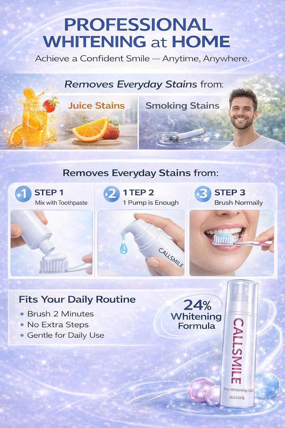 CALLSMILE Pro Teeth Whitening Gel, Professional Grade Hydrogen Peroxide, Permanently Remove Coffee Stains & More, Up to 6 Shades Whiter in 30 Days, 2 oz, 4-6 Month Supply, Easy Use with Any Toothpaste