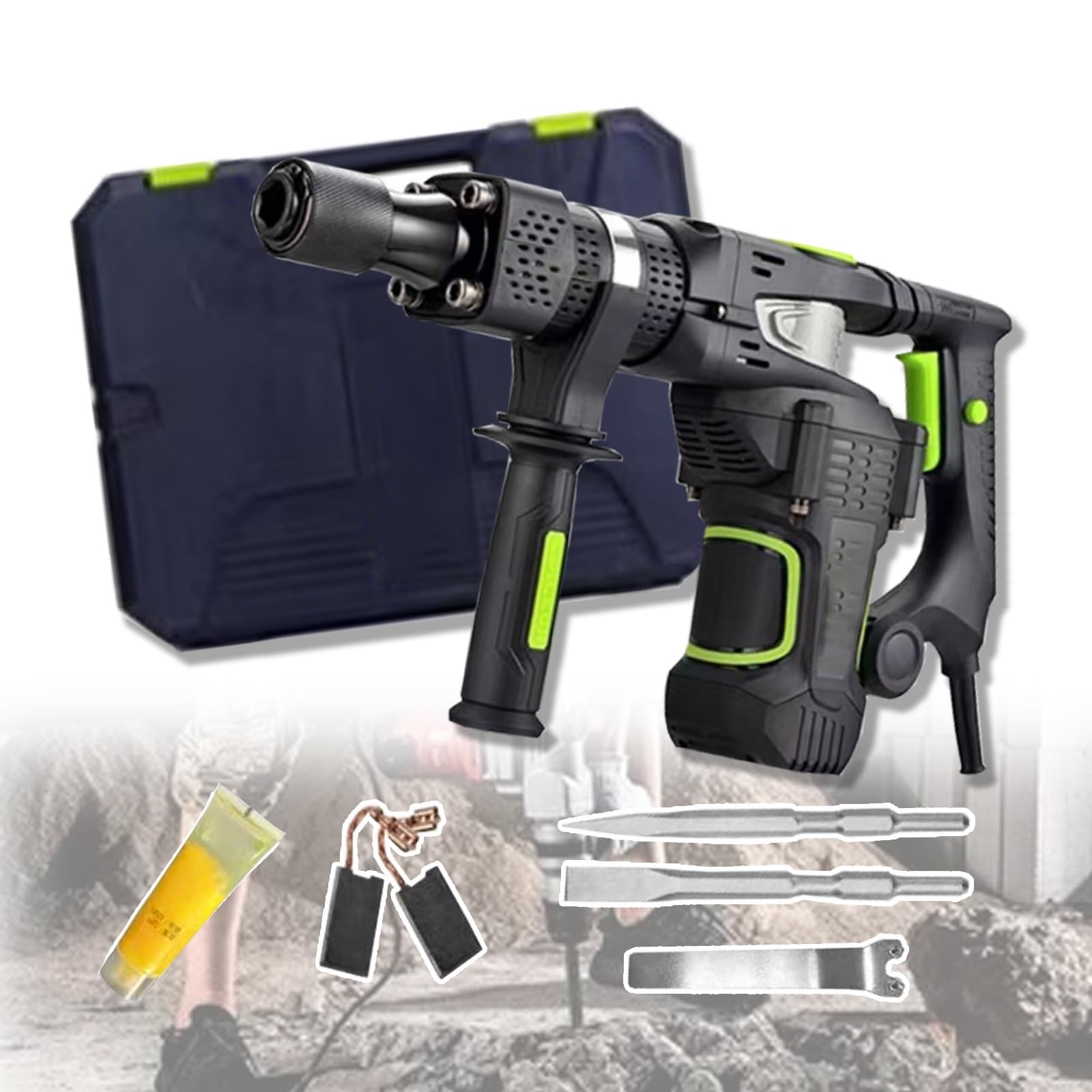 Jack Hammer Rompedor de concreto, Martillo neumático industrial, Diseño anti-escaldaduras, Sistema de enfriamiento circulante, Llave, cepillo de carbón, grasa, Cinceles de 2 piezas