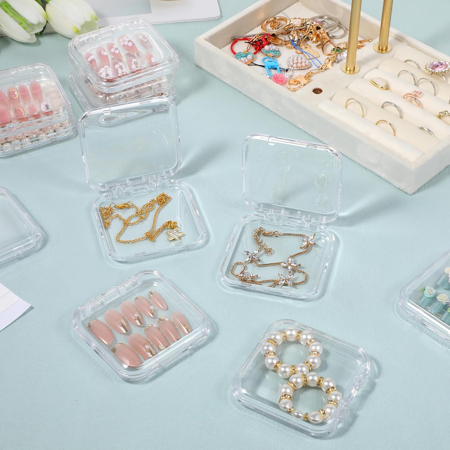 SHENLIU 50 Sets Press On Nail Storage Box, Clear Artificial Nail Display Case Acrylic Nail Boxes Press On Nail Packaging Box with Adhesive Double Sided Tape Nail Boxes for Nail Salon