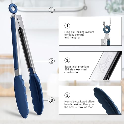 Miniatura 4 de HOTEC Pinzas de cocina de acero inoxidable de alta calidad con puntas de silicona, juego de 2-9 pulgadas y 12 pulgadas, azul clásico