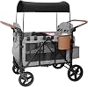 Foldable Wagon Stroller for 4 Kids, All-Terrain Wagon with 5-Point Harness, Canopy,high Seats Insulated Snack Pack, Adjustable Handle, Parent Organizer for Outdoor Use (Grey)