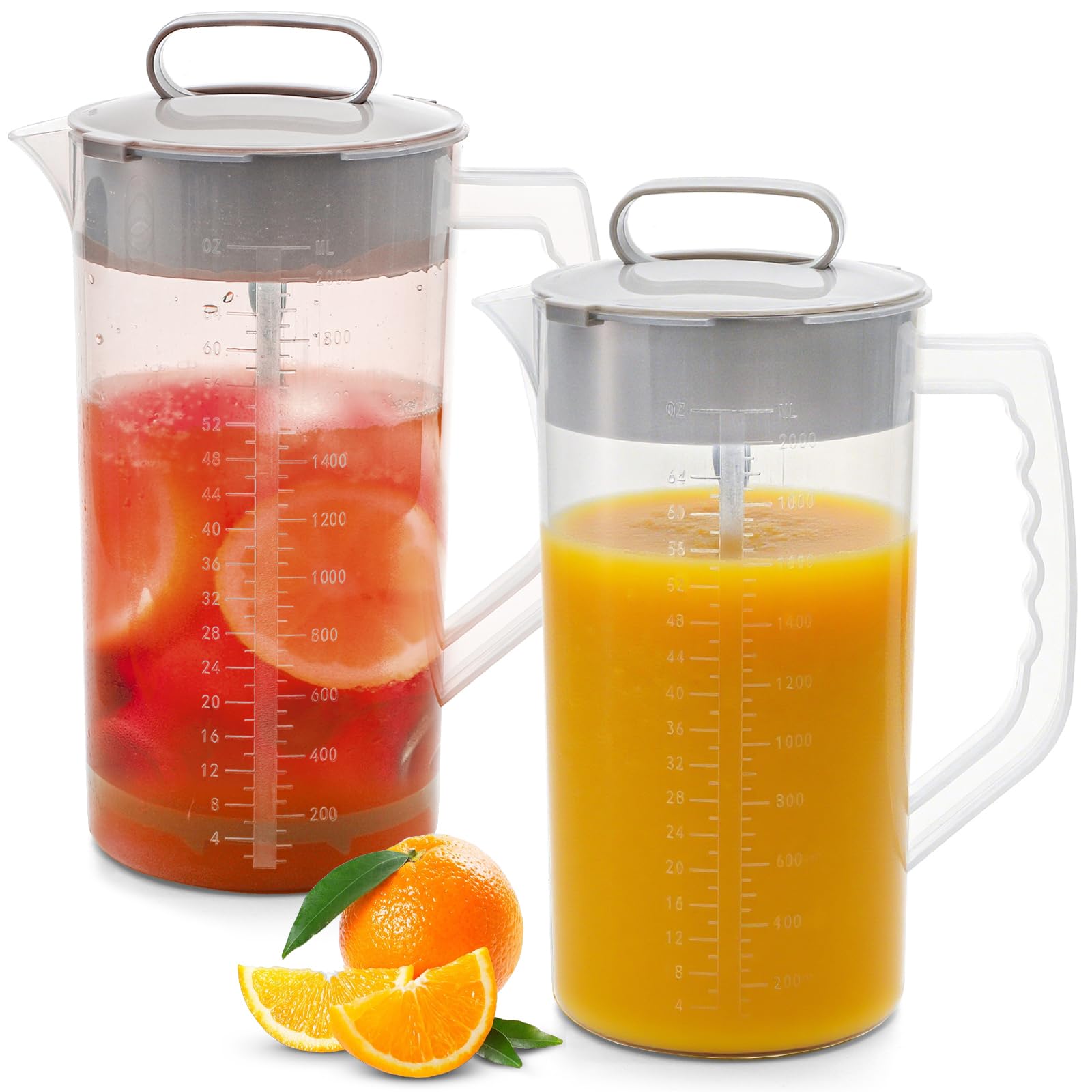 Frcctre 2 Pack Mixing Pitcher for Drinks 2 Quart/ 64oz Plastic Water Pitcher with Lid, Easy-Mix Angled Plastic Blades and Adjustable Mixer Plunger Container for Juice, Milk, Tea, Beverage Container