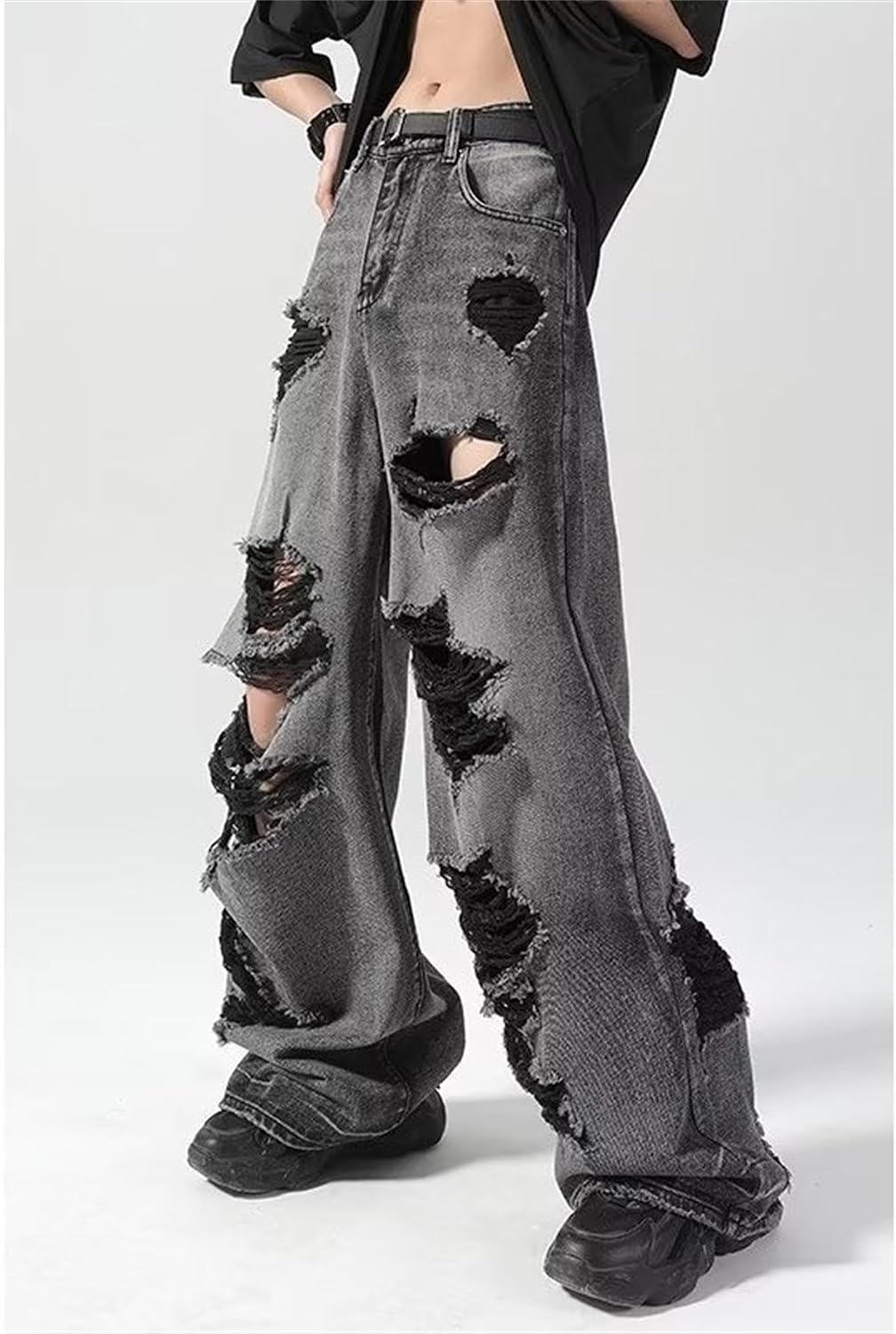 2025 Summer Black Ripped Jeans for Men Wide Leg High Waist Punk Hip Hop Gothic Grunge Pants Y2k Trendy Streetwear