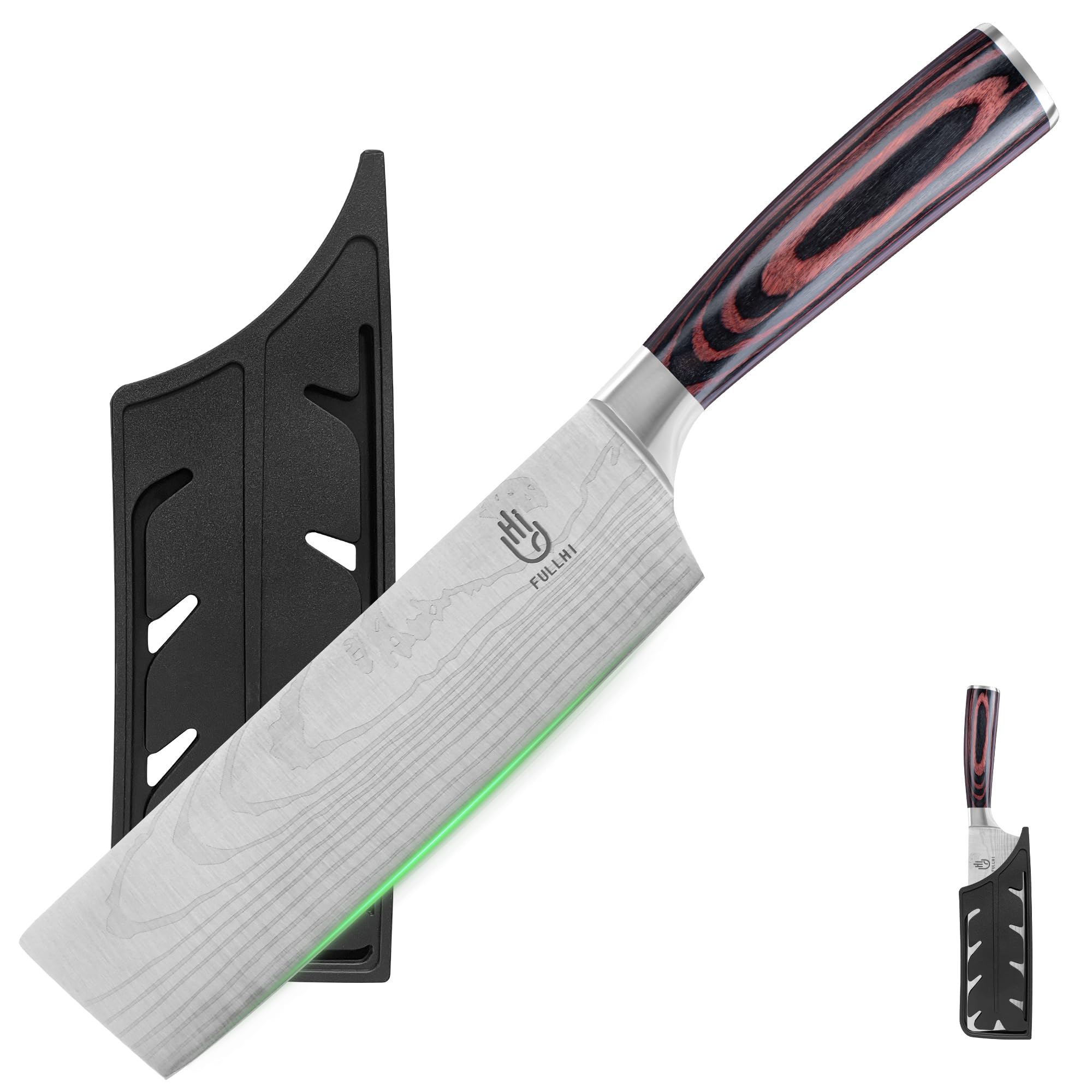 FULLHI Cuchillo Nakiri, Multi Color 7inch Cuchillo Japonés con funda, Acero Inoxidable Cuchillo Cocina Carne Verdura con Guarda (Madera Café)