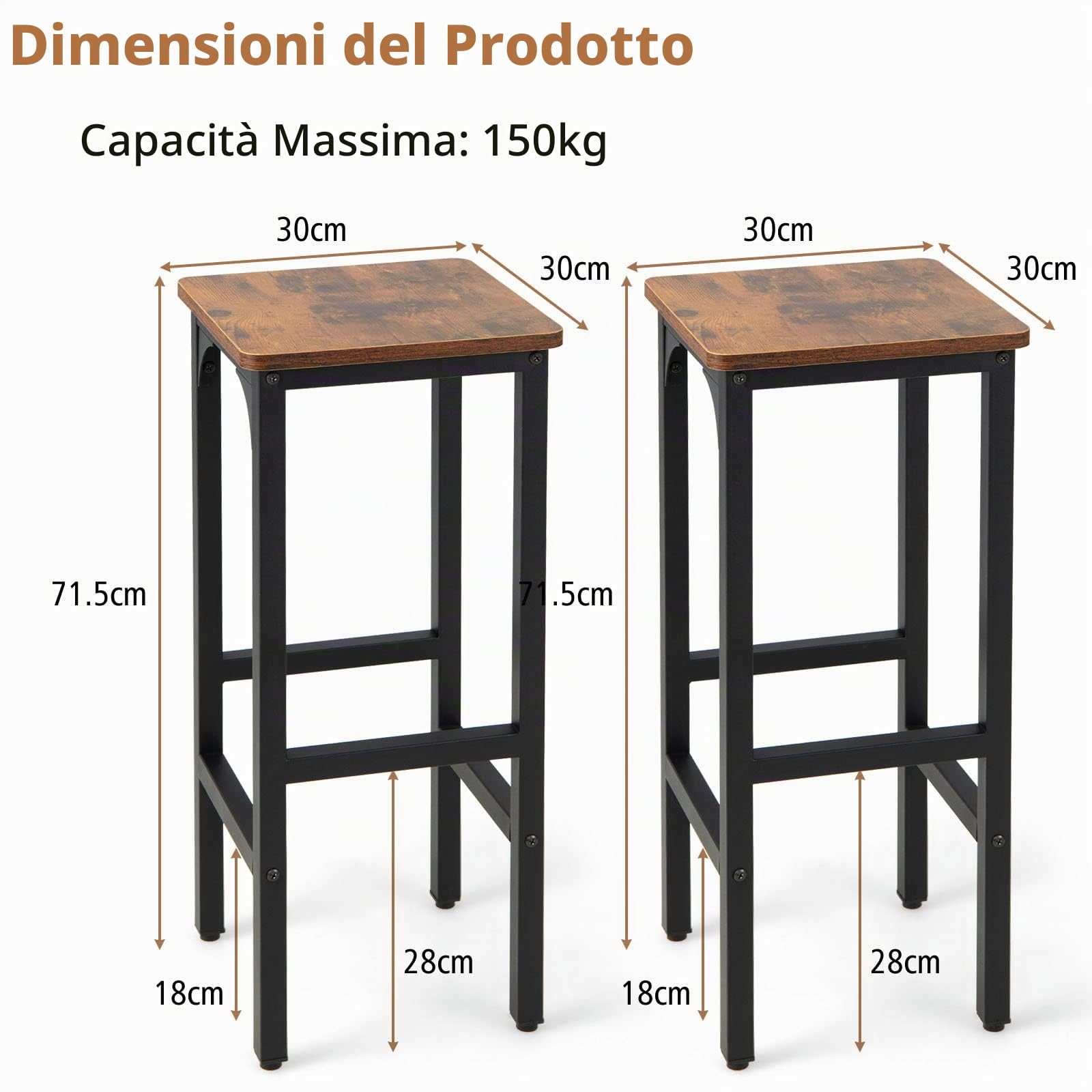 LIFEZEAL Set di 2 Sgabelli da Bar, Sgabello da Cucina, Sgabello Alto, con Poggiapiedi, Acciao+Legno, Peso Max 150kg, 30x30x71,5 cm, per Ristorante, Sala da Pranzo, Montaggio Facile, Stile Industriale