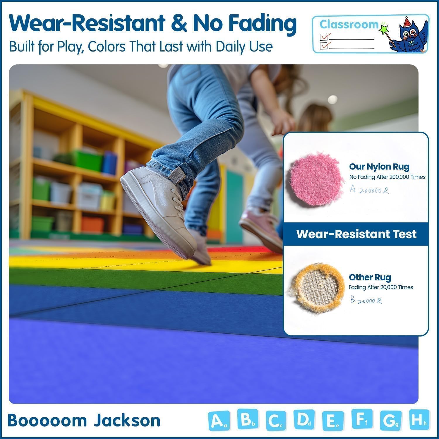 Booooom Jackson 7'6''x13' Rainbow Square Seating Classroom Rug for Kids Room Seating Décor - Thick Nylon Preschool Carpet Daycare Rug for Teaching, Playroom, Non-Slip &No Triping,20X Stain Resistance