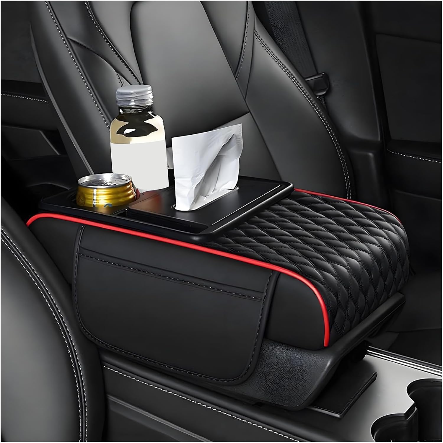 LHMM Car Center Console Cover for Peugeot 4007 4008 5008 504 508, Car Armrest Cover Cushion with Tissue Box and Cup Holder,BlackRed