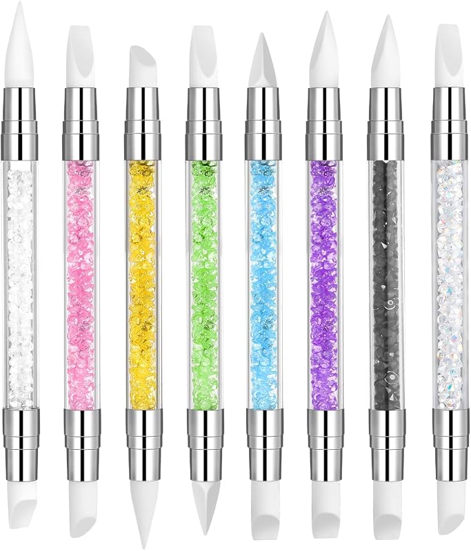 Oruola 8 Piezas Herramienta de Arte de Uñas de Silicona,Aplicador de Cromo de Silicona para Uñas,Herramientas de Arte de Uñas de Doble Punta con Mango de Diamante de Colores,Cepillo de Uñas de Silicona para Diseño