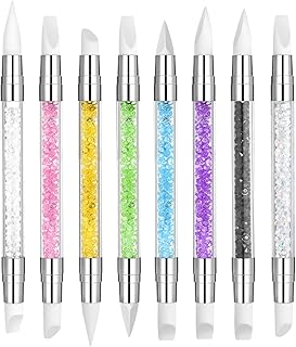 8pcs Silicone Nail Brush,Silicone Chrome Applicator for Nails,Dual Tipped Nail Art Tool with Colored Diamond Handle,Rubber Nails Tool for Design Foil Carving Drawing Effect Shaping