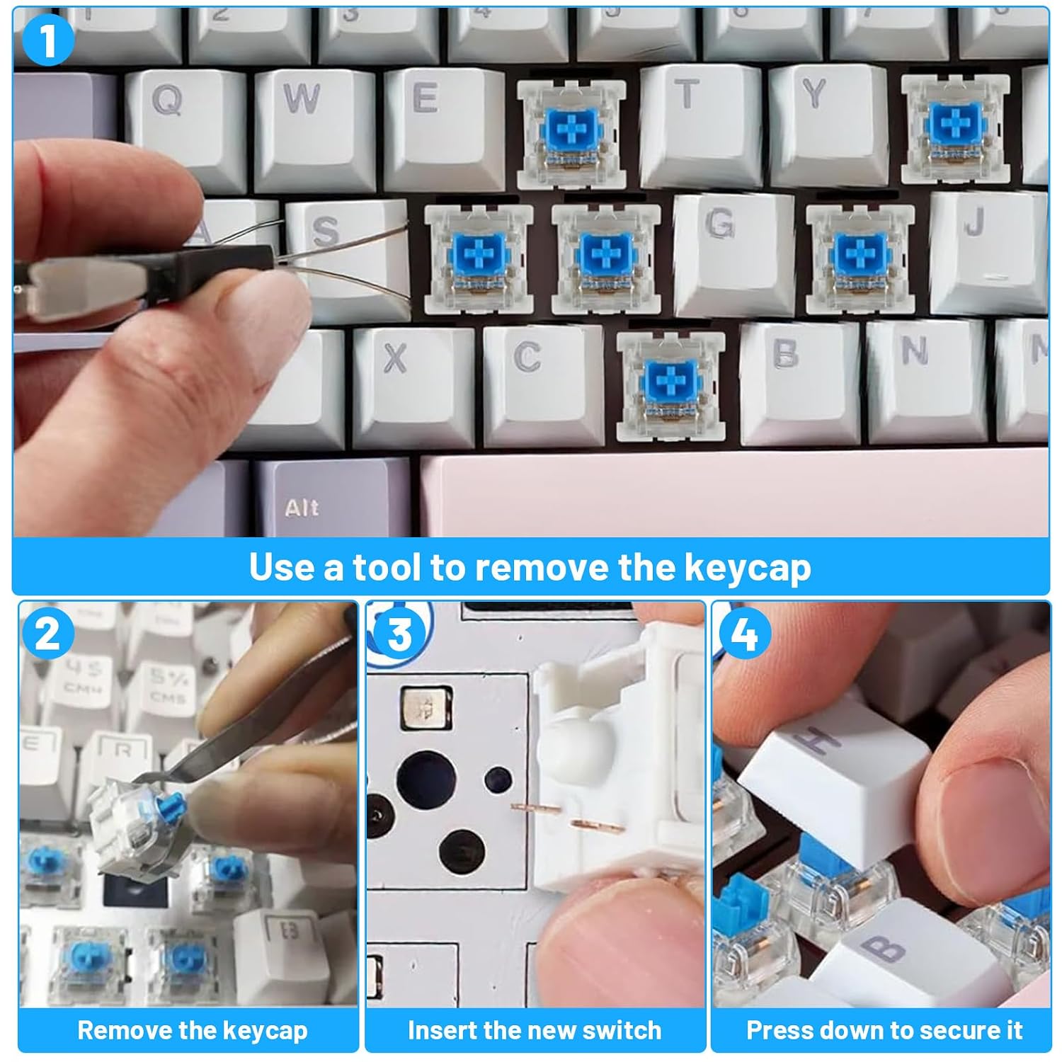 Keyboard Switch, 50 Pcs 3 Pin Blue Mechanical Keyboard Switches Crisp Clicks Dustproof Fidget Clickers for 3D Prints Replacement with 2 Switch Puller for Most Gaming Keyboards