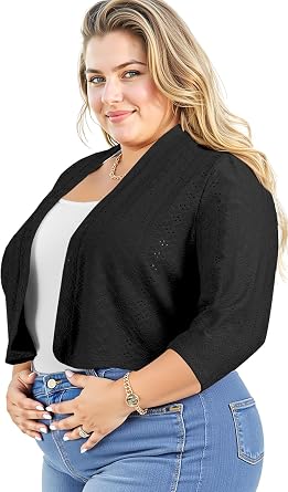 Lastshe Womens Plus Size Shrug Open Front 3/4 Sleeves Summer Beach Cover Ups Cropped Bolero Openwork Fabric Cardigan