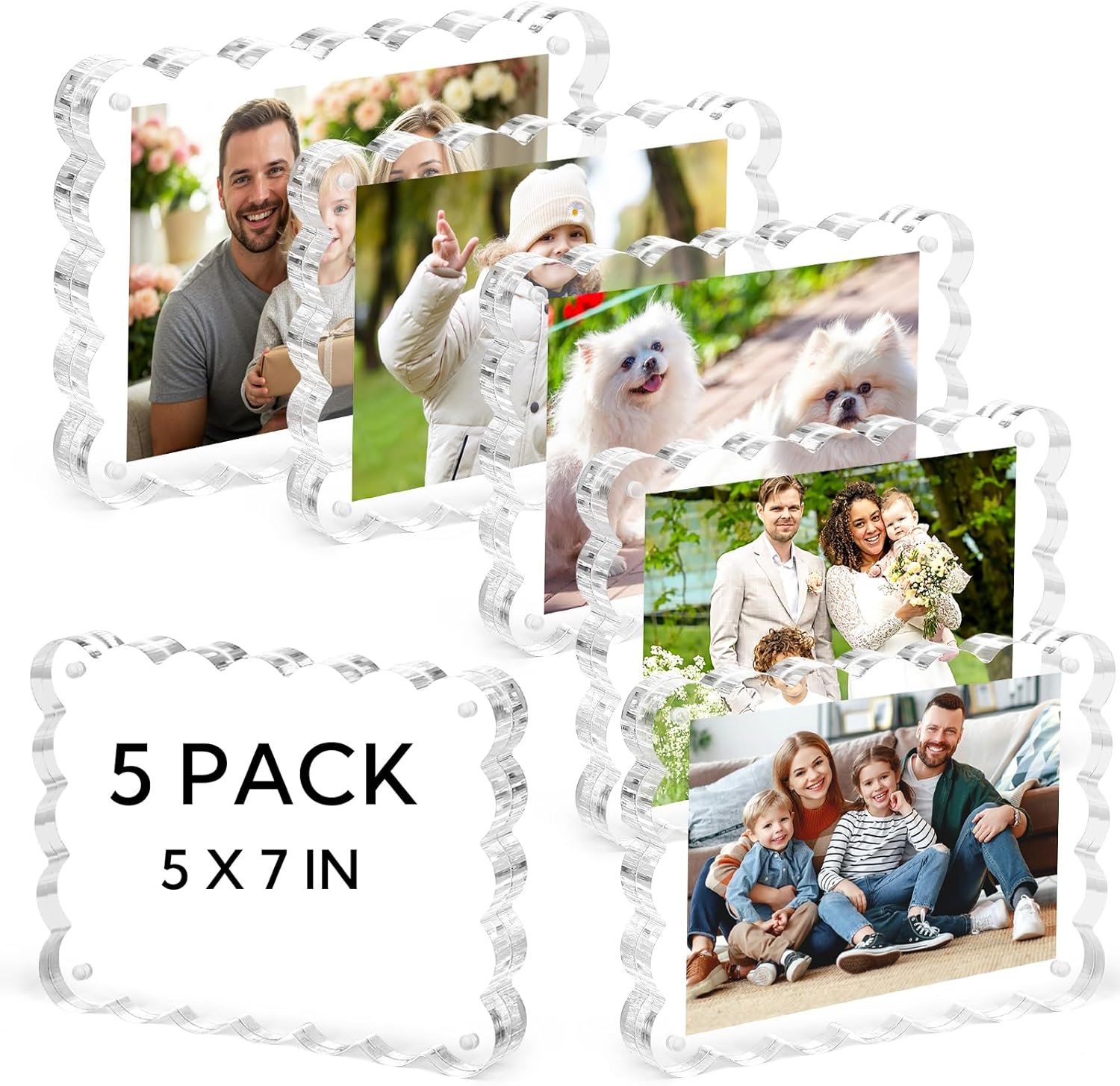 5 Pack Acrylic Picture Frame Horizontal Magnet Double Sided 5 * 7 Magnetic Scalloped Photo Frames 10+10MM Thick Clear Frameless Desktop Display