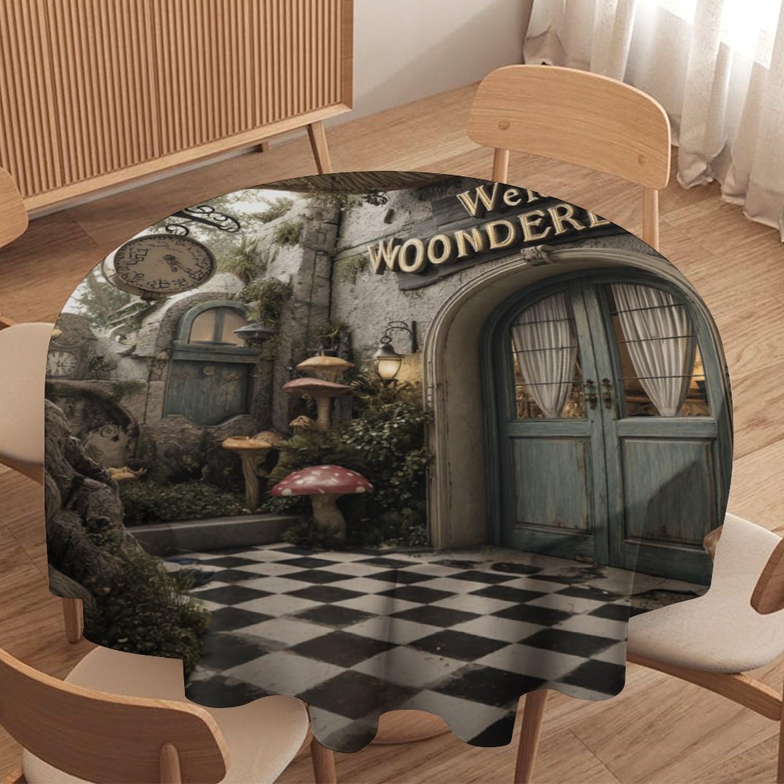 LUYYSKY Modern Realistic Woodland Forest Round Tablecloth Oil Painting Black White Floor Landscape Mushroom Print Washable Decor for Table Cover for Kitchen-177.8" Wx177.8 L cm