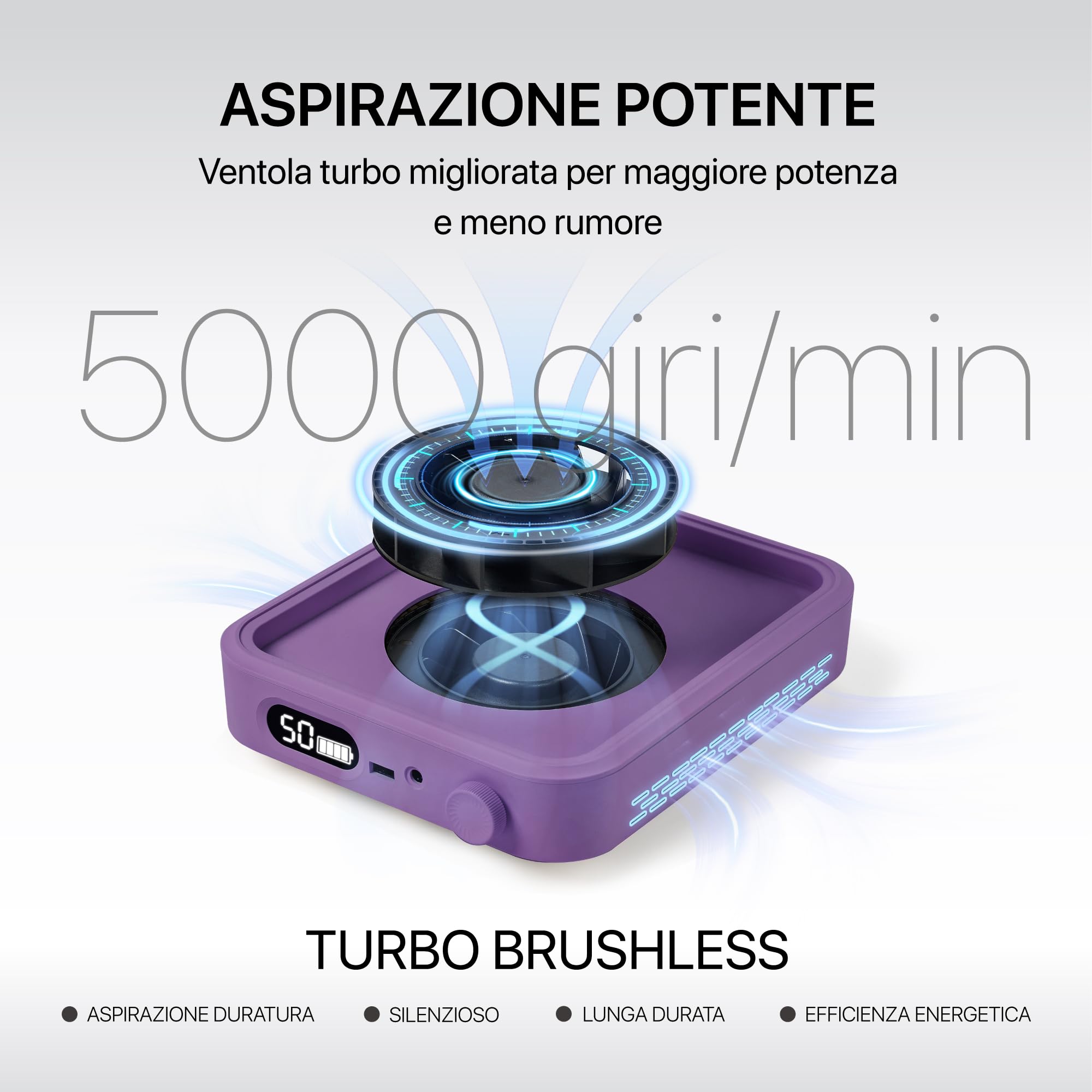 HALMAI Aspirapolvere per polvere da unghie ricaricabile senza fili 800Pa motore brushless portatile filtro HEPA Viola crepuscolo