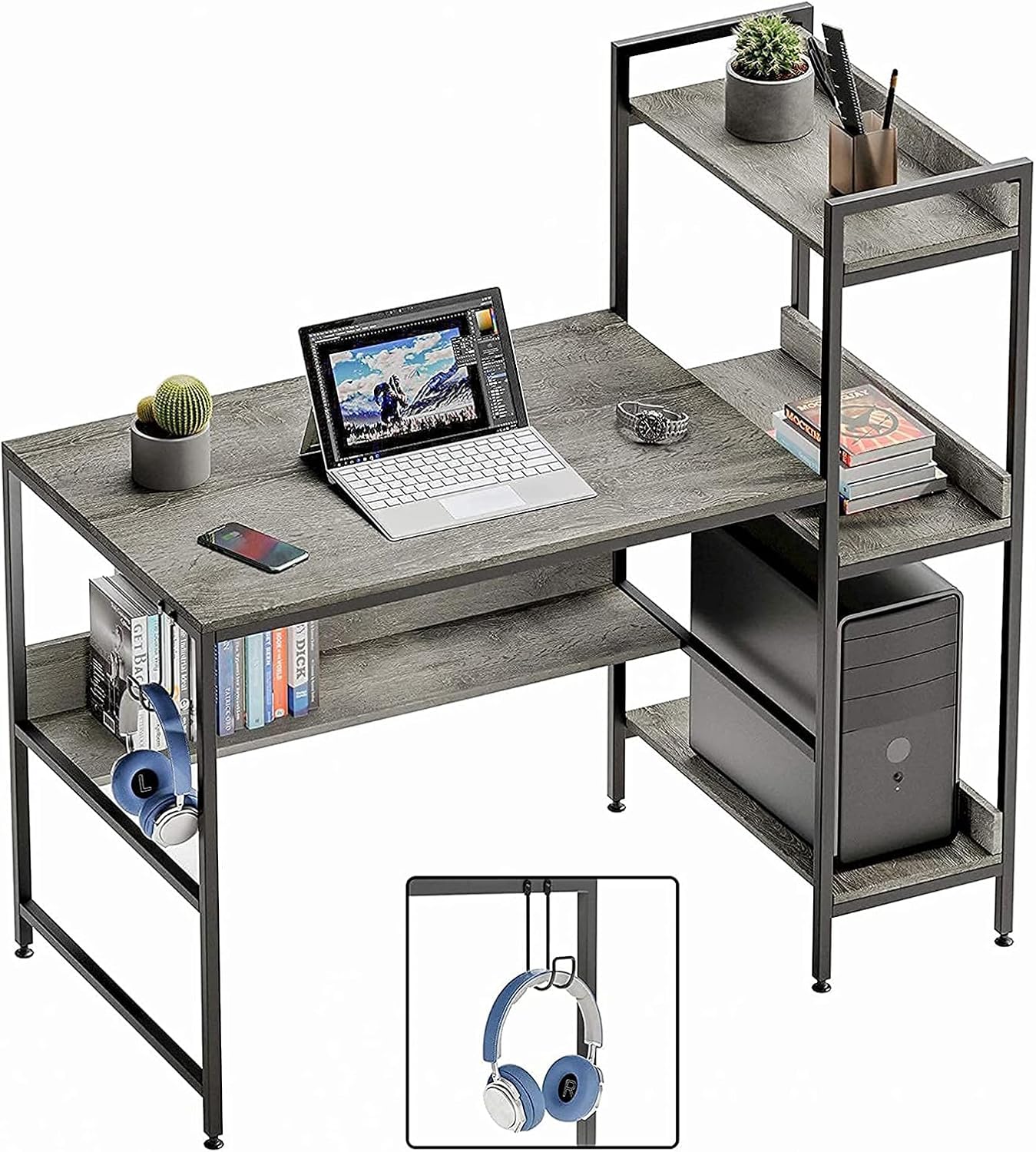 CubiCubi Bureau Ordinateur Angle En L 120cm Avec Étagères - Petit Bureau Noir Espace Optimisé