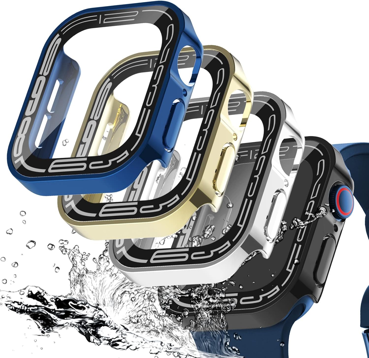 Wingle Compatible for Apple Watch Case 44mm Series SE 6 5 4 Screen Protector, Straight Edge Waterproof Case Protective Hard PC Cover with Tempered Glass for iWatch 44mm, Blue/Gold/Silver/Black