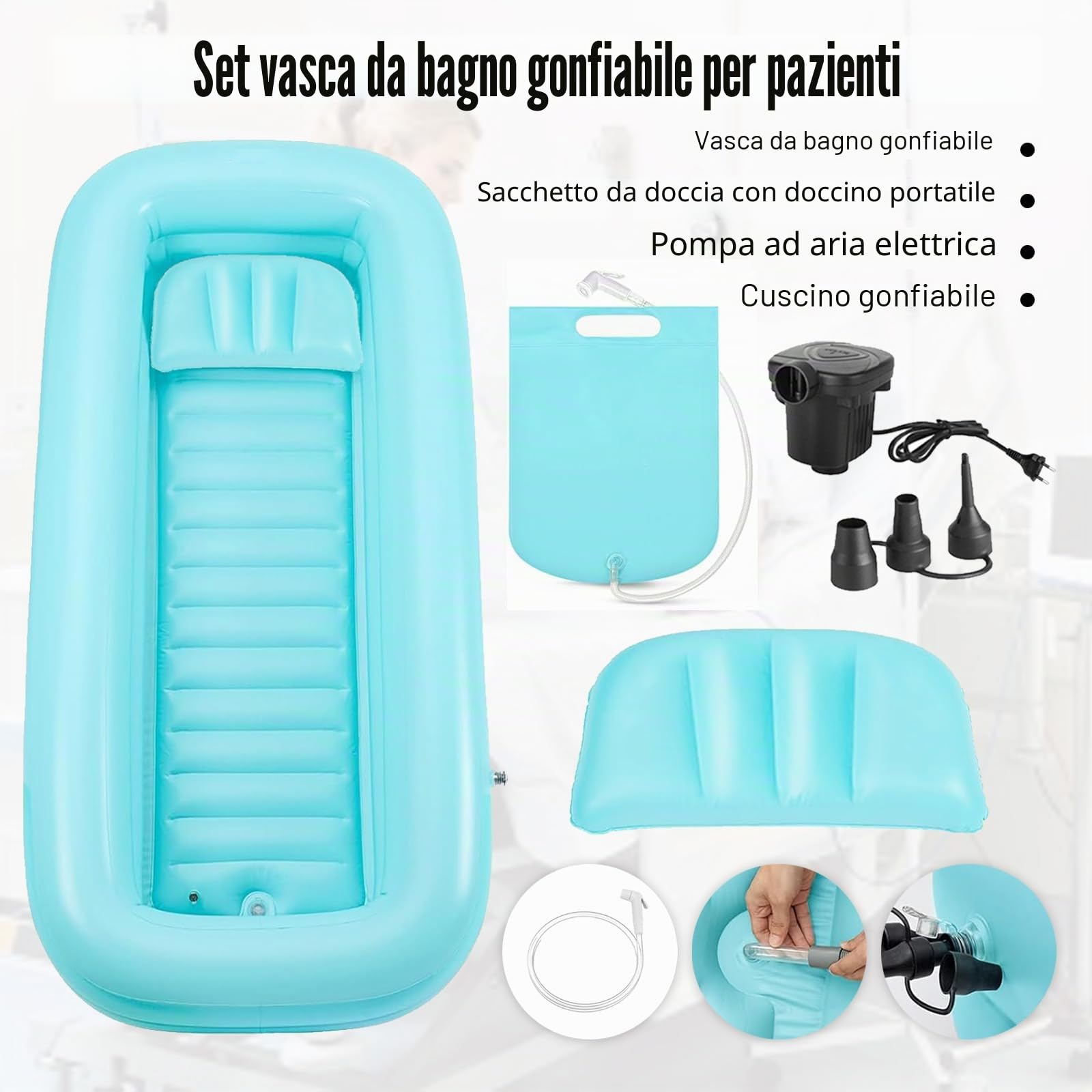 Vasca per Doccia, Vasca da Bagno Gonfiabile, Set Vasca da Bagno Doccia Gonfiabile Medica, Sistema Doccia Portatile sul Comodino, Sistema Doccia con Pompa per Anziani/Disabili/Costretti a Letto