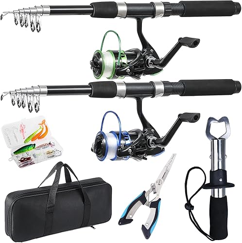 Tripquips Fishing Rod, 2PCS Telescopic Fishing Rod and Reel Combo with Fishing Pliers and Lip Gripper, Pre-Loaded Spinning Reel Combo Set, Fishing Pole with Carrier Bag Fishing Gear(Blue & Green)