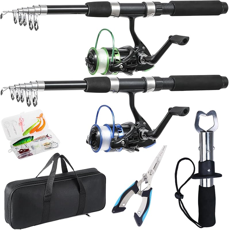 Caña de pescar Tripquips, combinación de caña de pescar telescópica y carrete de 2 PIEZAS con alicates de pesca y pinza de labios, combinación de carrete giratorio precargado, caña de pescar con equipo de pesca de bolsa de transporte