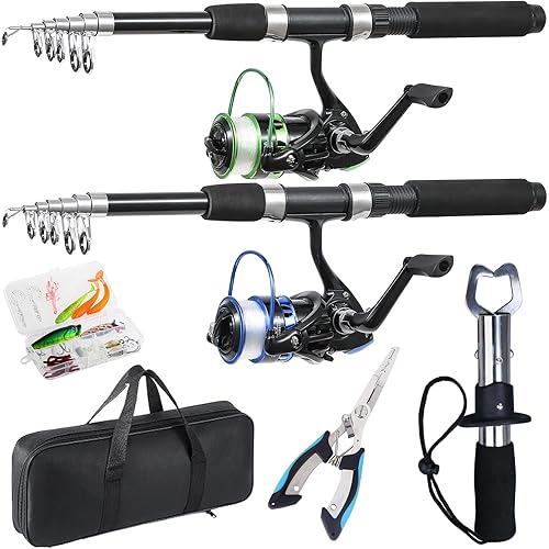 Fishing Rod, 2PCS Telescopic Fishing Rod and Reel Combo with Fishing Pliers and Lip Gripper, Pre-Loaded Spinning Reel Combo, Fishing Pole with Carrier Bag Fishing Gear