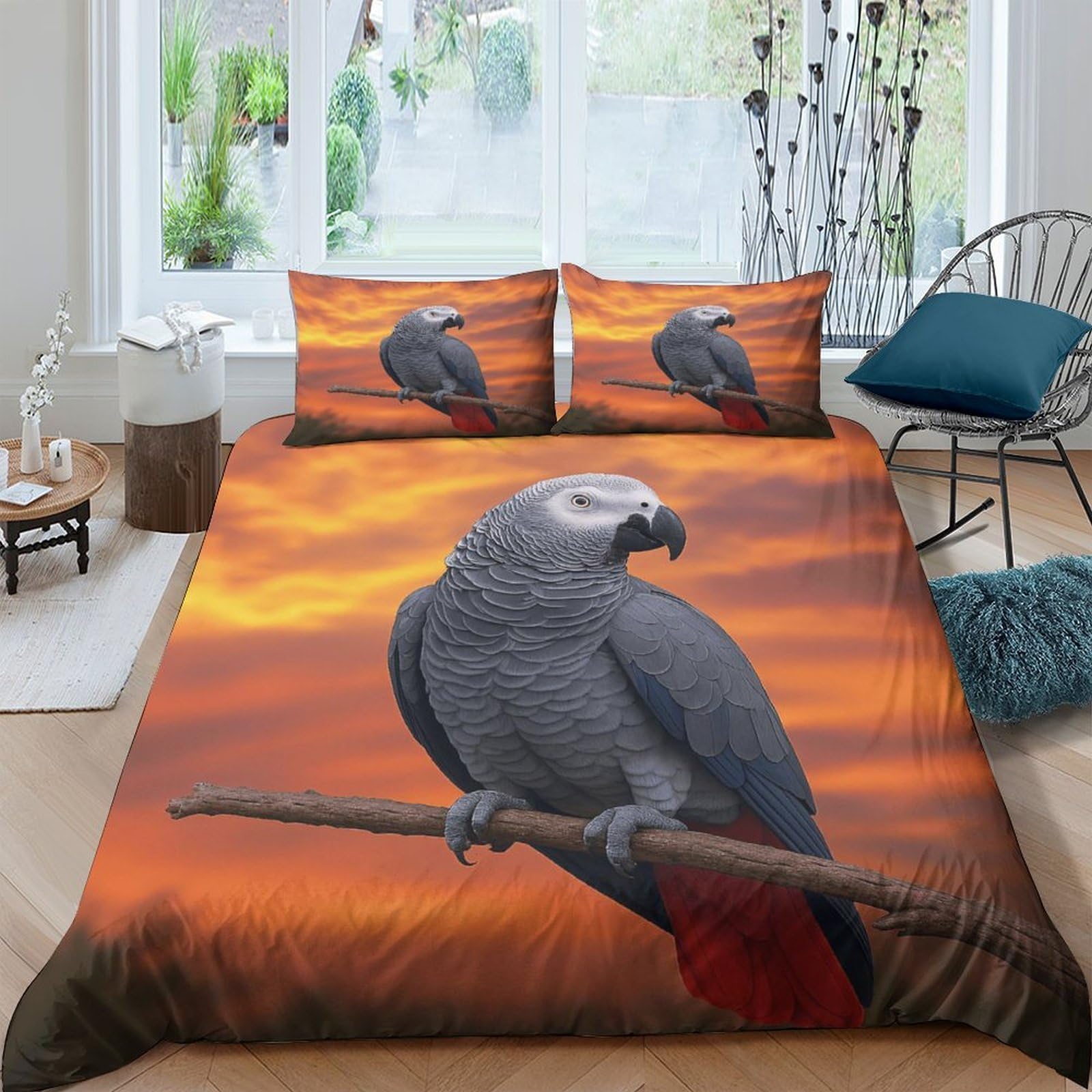 Ctjqhvkz Style-7 3D Printed African Grey Parrot Fitted Sheet Microfiber Orange Sunset Mattress Cover For Bedroom Dorm Home Decor Single（135X200cm）