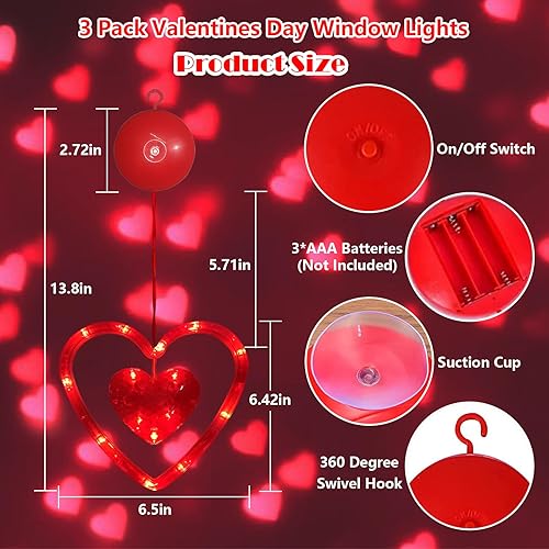 Miniatura 9 de Paquete de 3 luces LED de San Valentín para decoración del día de San Valentín con gancho de ventosa, funciona con pilas, luces LED de San Valentín