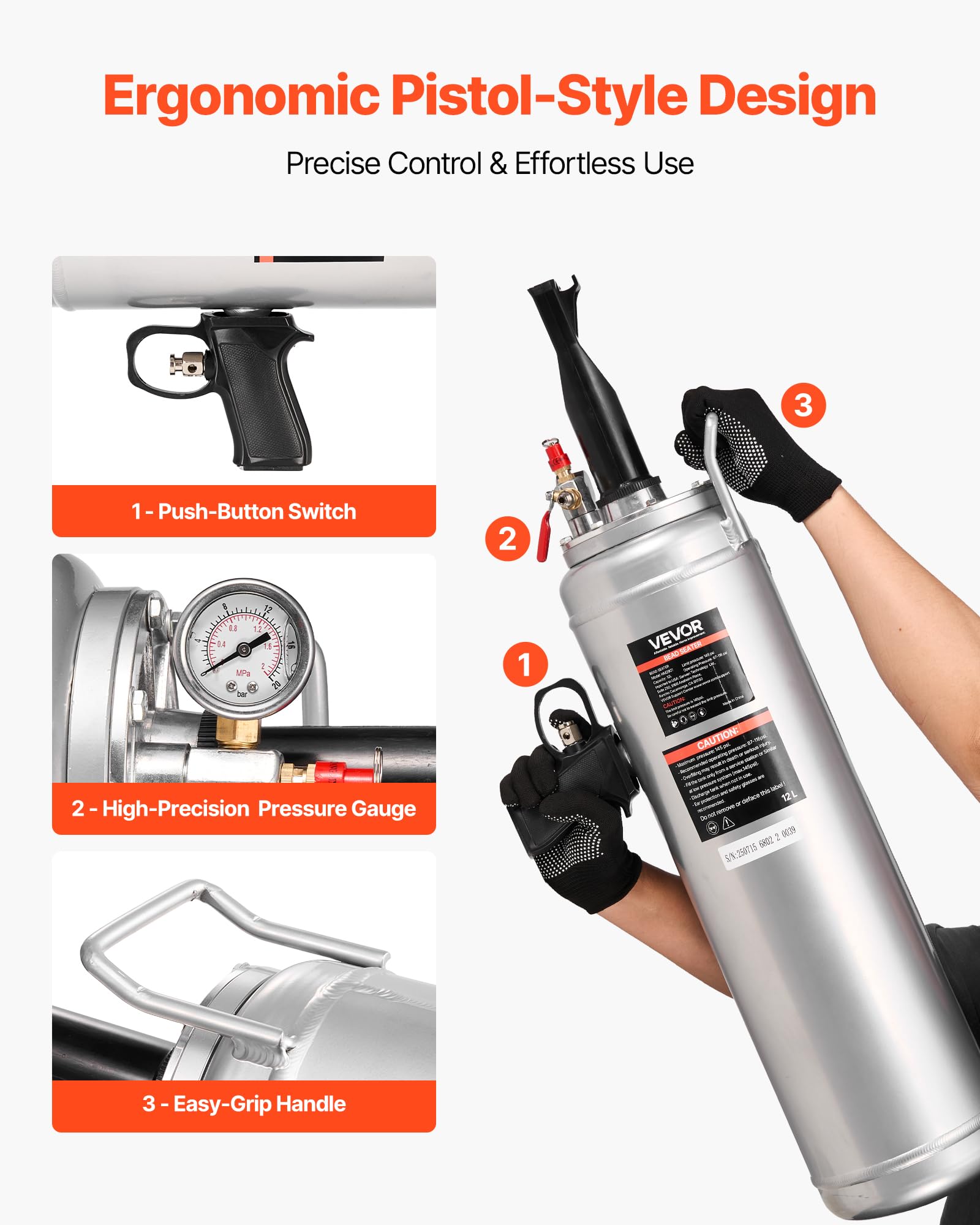 VEVOR Gonfiatore Portatile per Pneumatici, 12 L, Pressione di Esercizio 0,6 a 0,8 MPa, Sabbiatrice per Pneumatici per Tallone del Pneumatico, per Auto, Bici Elettriche, Camper, ATV, Argento