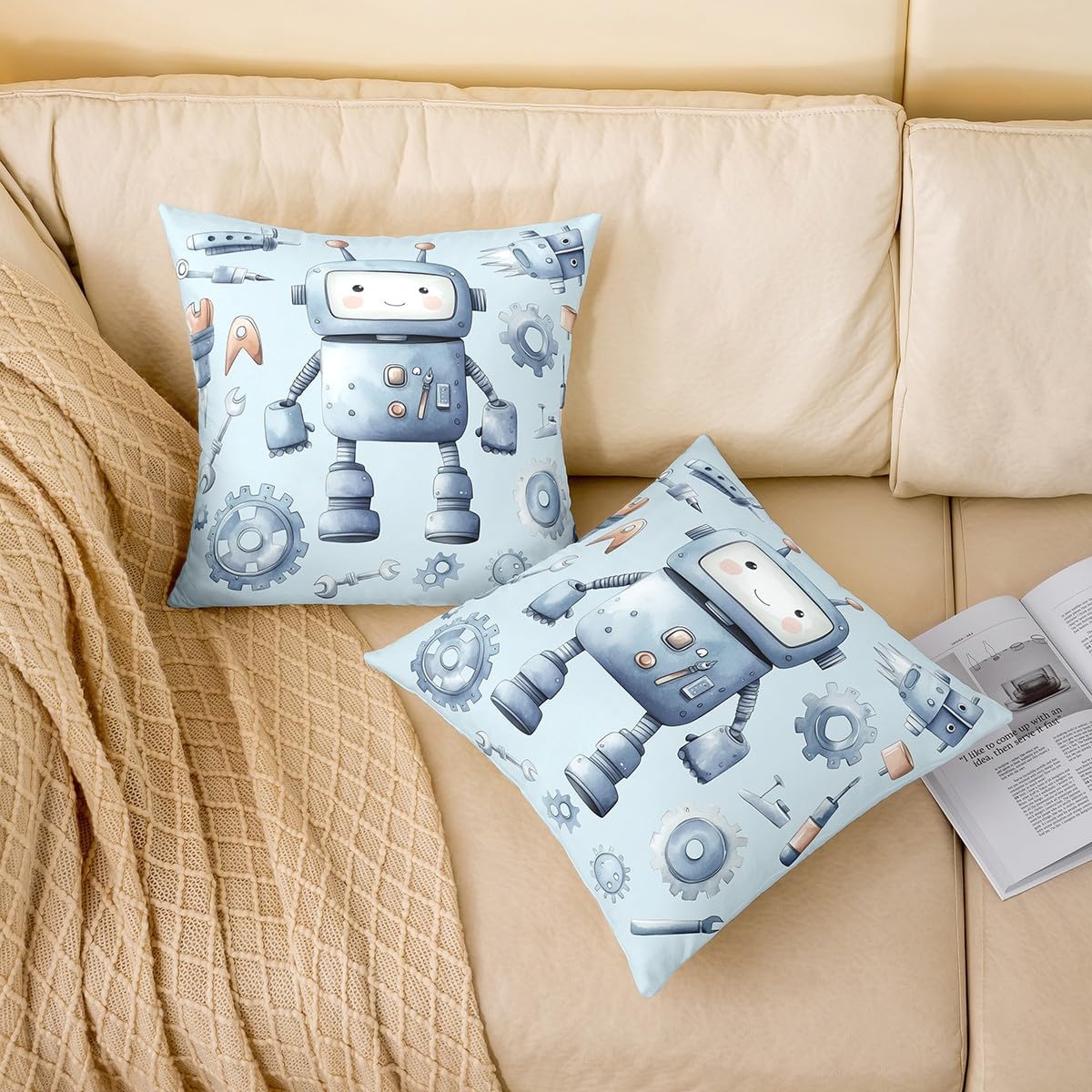 Modern Sci-Fi Robot Pillow Cover for Sofa Couch Chair Construction Tools Throw Pillow Cover Pastel Blue Outdoor Pillow Cover Cartoon Super Robot Cushion Cover 24"x24"