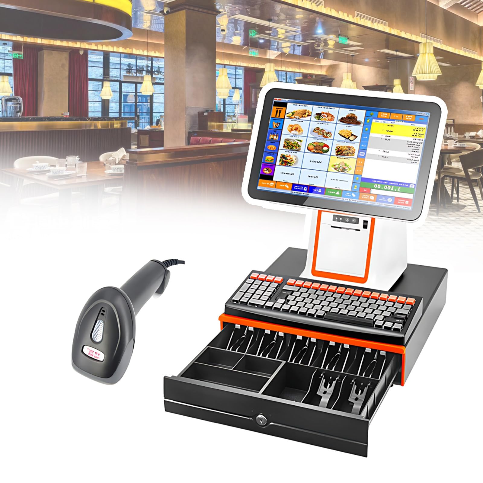 Sistemas TPV con Pantalla táctil, Caja registradora Inteligente, Todo en uno, con escáner y Caja registradora, para Negocios, restaurantes y comercios (Software TPV no Incluido), c