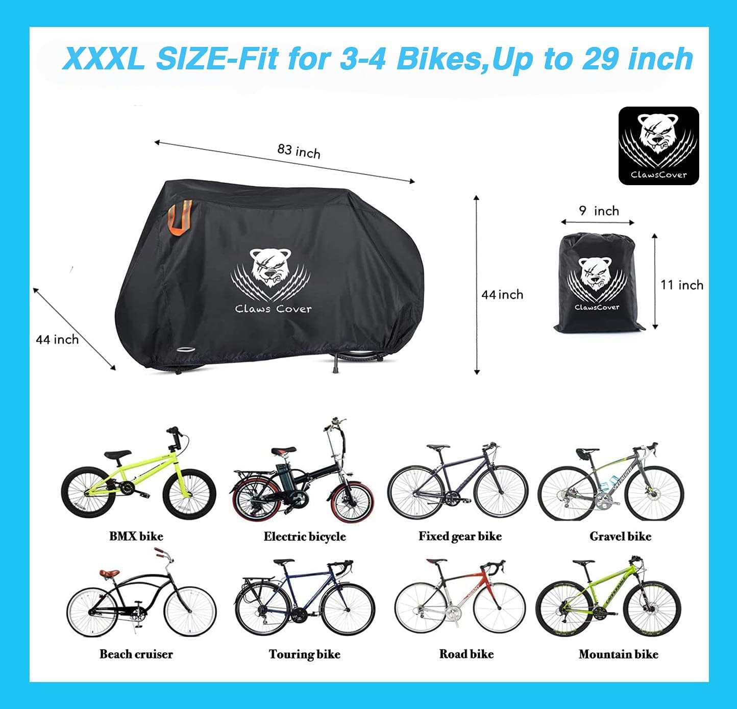 ClawsCover Bikes Covers Waterproof XXL or XXXL 83" Heavy Duty 420D Oxford Bicycles Cover Accessories with Lock Hole Outdoor All Weather for Mountain Road Electric Beach Cruiser Exercise Hybrid Bike : Sports & Outdoors