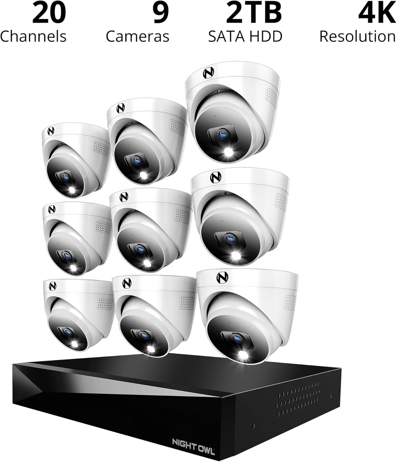 Night Owl 2-Way Audio 20 Channel DVR Video Home Security Camera System with (9) Wired 4K HD Indoor/Outdoor Deterrence Dome Cameras and 2TB Hard Drive (Add up to 4 Wi-Fi Cameras)