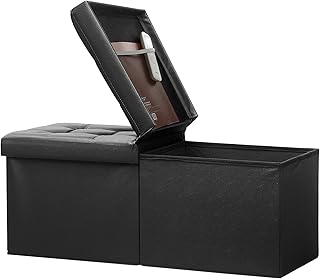 Storage Ottoman Bench with Folding Lid Ⅲ, Foot Stools Opens on Both Ends, Footrest Foldable Leather Chest for Living Room, Bedroom, Entryway, End of Bed Storage Blanket Ottomans Black
