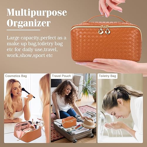 Miniatura 7 de bolsa de maquillaje de viaje de gran capacidad para mujeres, bolsa de cosméticos impermeable de pu portátil, Marrón, A la moda