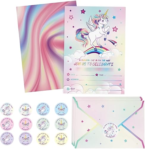 WERNNSAI 24 invitaciones de cumpleaños de unicornio  Suministros de fiesta de unicornio arcoíris con sobres para niñas, cumpleaños, baby shower,