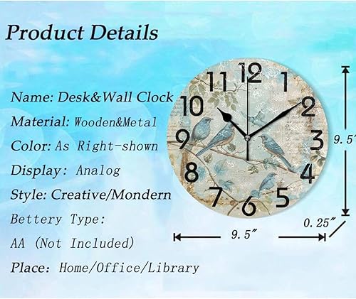 Miniatura 2 de Reloj de pared redondo de estilo retro con diseño de pájaros azules y hojas, 10 pulgadas, analógico, silencioso, sin tictac, para el hogar, cocina,