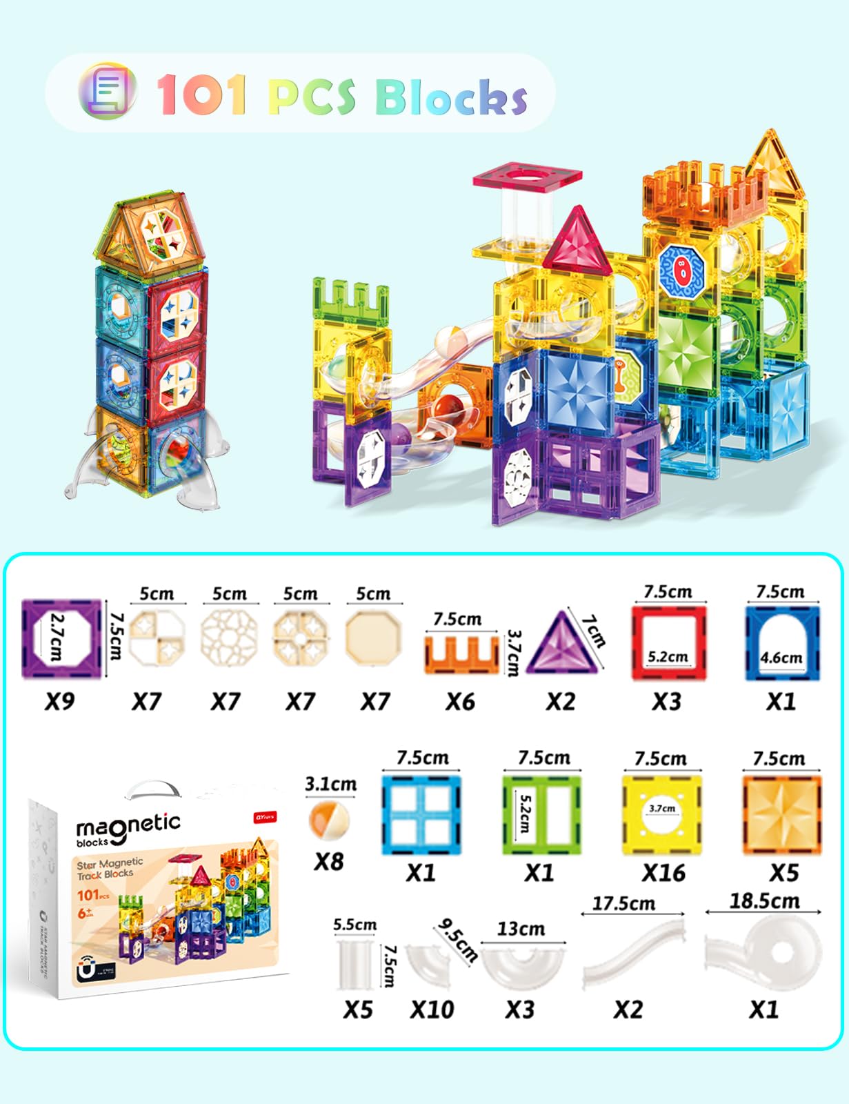 Roxenda 101 Pcs Blocchi Magnetico Educativi per Bambini 3+ Anni – Giocattoli da Costruzione Montessori con Piastrelle Magnetiche per Ragazzi e Ragazze-101 pz