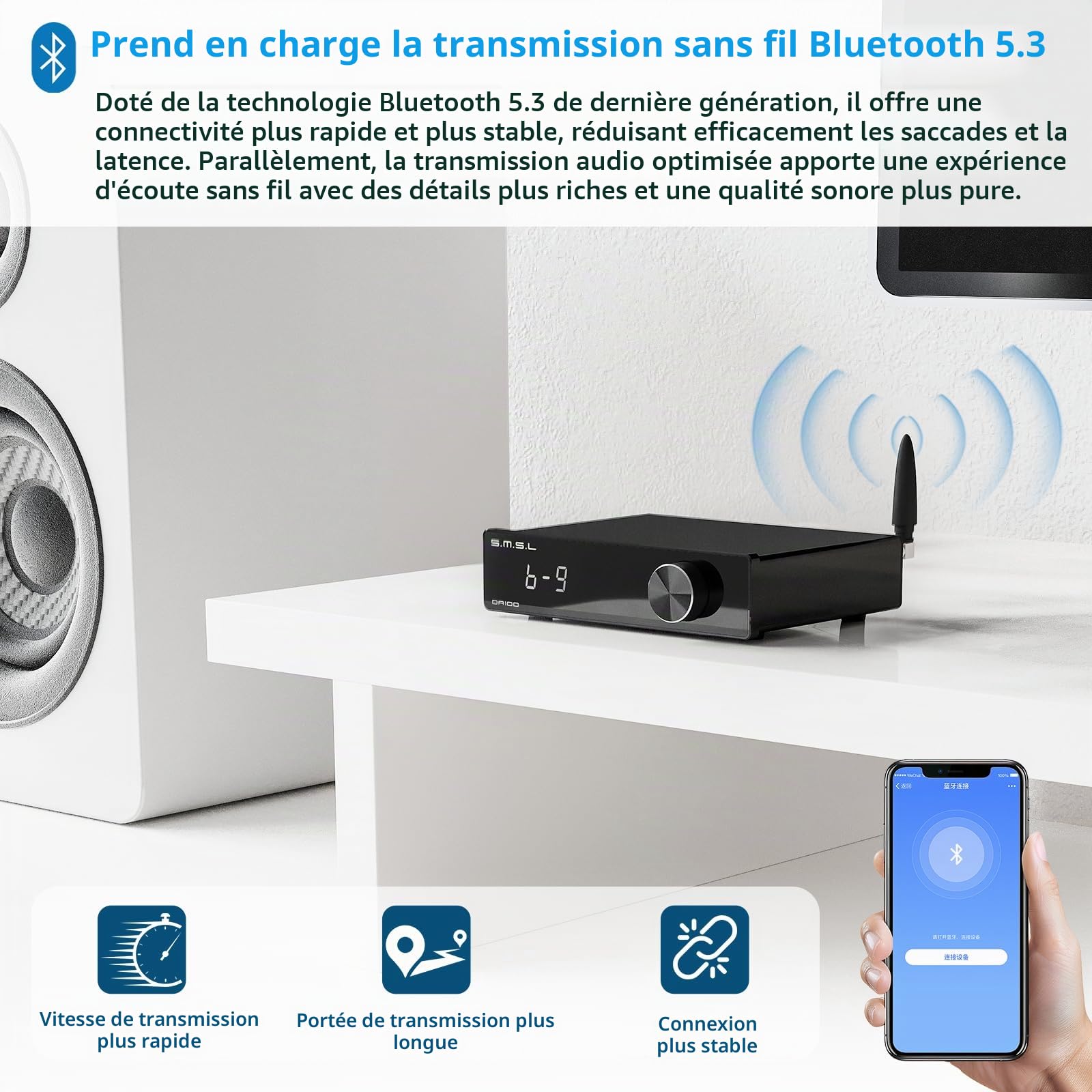 SMSL DA100 Amplificateur de puissance 100W TI TAS5827 *2 Classe D Amp passe-haut/passe-bas caisson de basses 2.1 Bluetooth 5.3 contrôle électronique du volume stéréo Amp BT/USB/HDMI/optique/ligne
