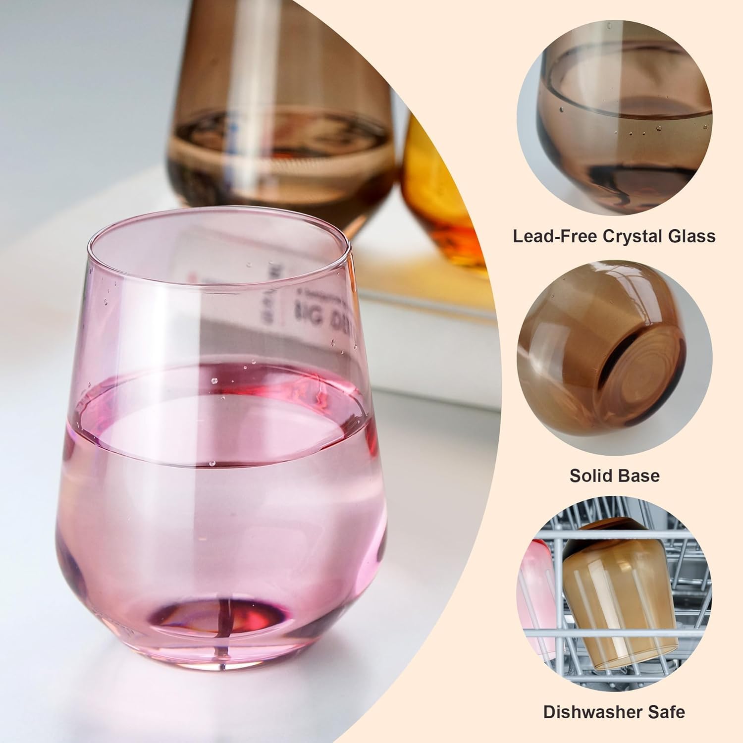 Multi Colored Stemless Wine Glasses Set of 6, 15oz Drinking Glassware Dishwasher Safe, Wine Glass Tumblers for Red or White, Gift for Party, Holiday, Anniversary, Restaurant, Bar, Daily Use