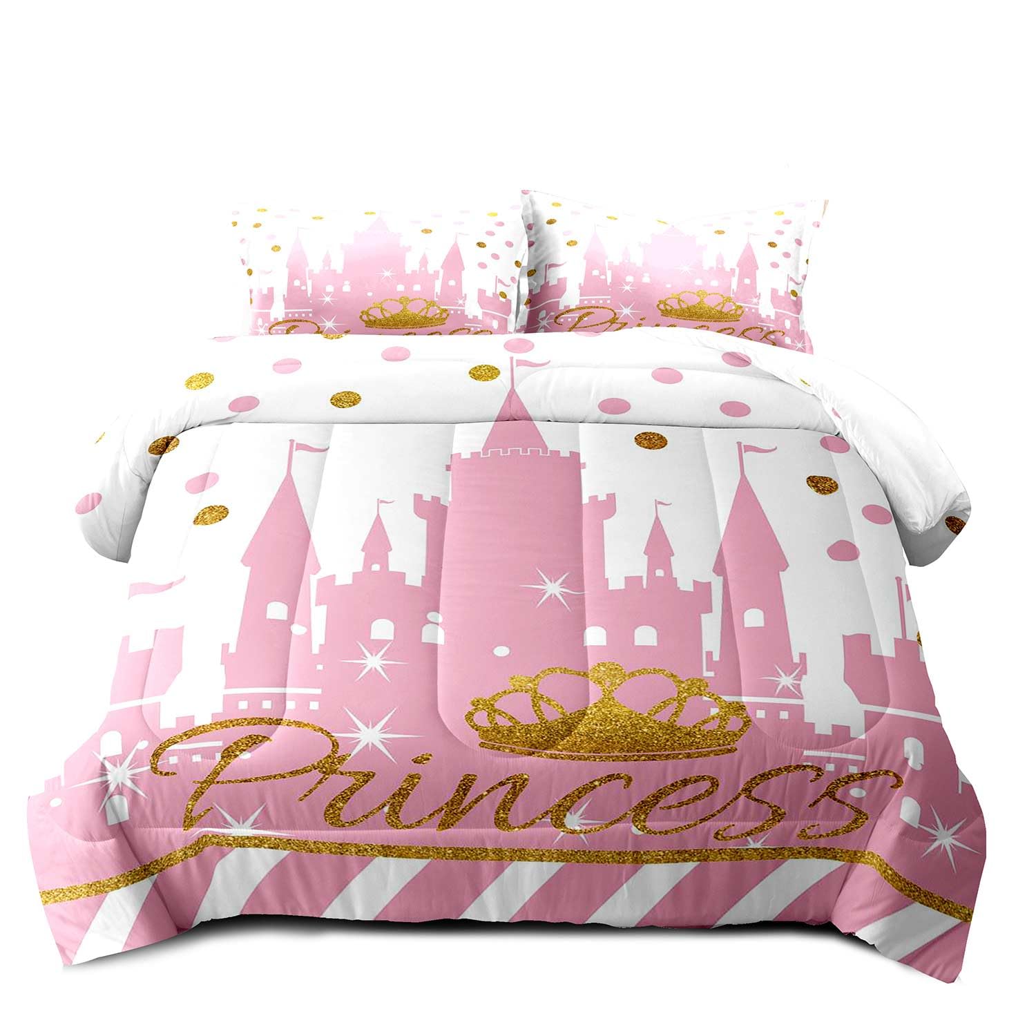 LUVIVIHOME Set Copripiumino Matrimoniale 3 Pezzi Rosa E Bianco Con Corona E Castello Delle Fiabe Per Bambine - Morbida Microfibra