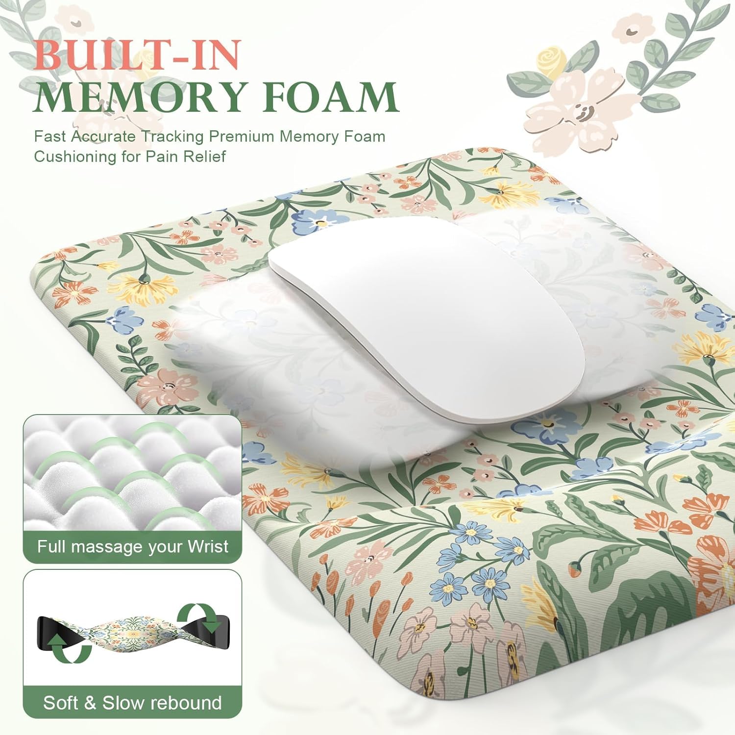 iLeadon Green Floral Desk Cover Mat, Computer Mouse Pad and Keyboard Wrist Rest, Non-Slip Base Keyboard Wrist Rest and Mouse Pad Set, Office Desk Mat Cute for Women (Light Green)