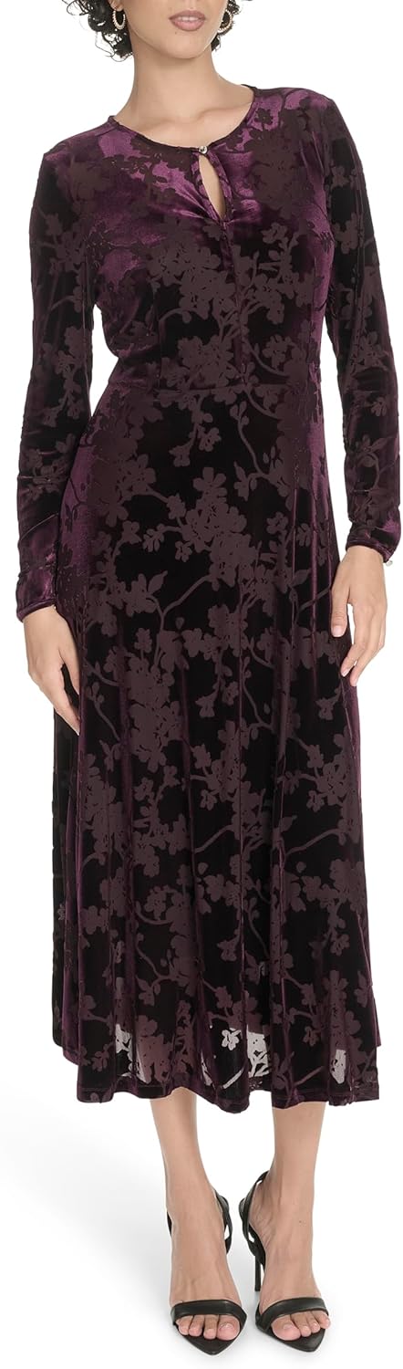 Tommy Hilfiger Womens Long Sleeves Keyhole Neck Midi Dress