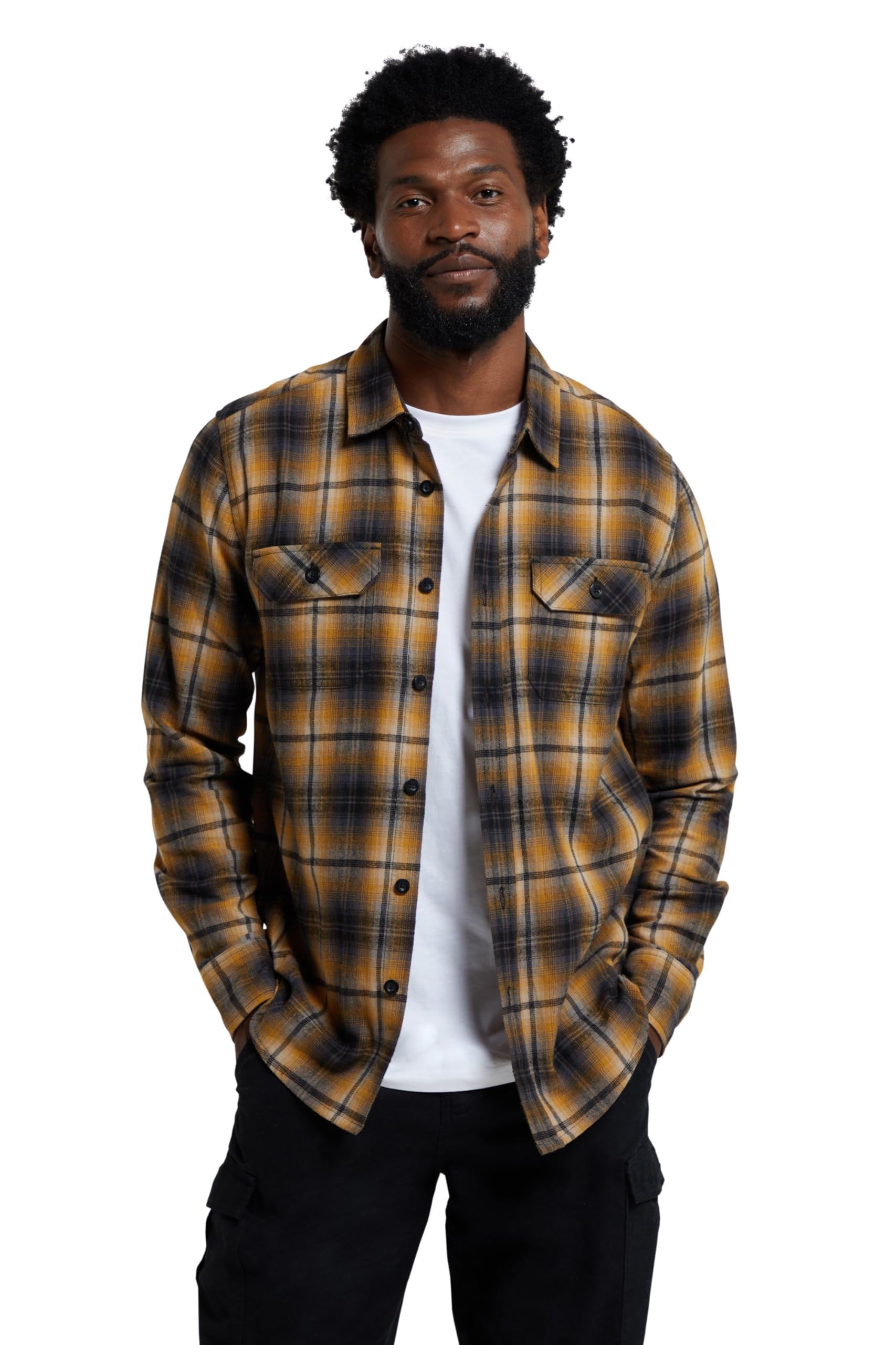 Mountain Warehouse Trace Mens Flannel Long Sleeve Shirt - Lightweight & Breathable Casual Checks Shirt in 100% Cotton with Buttoned Front Pockets - for Travel & Walking Yellow 4XL