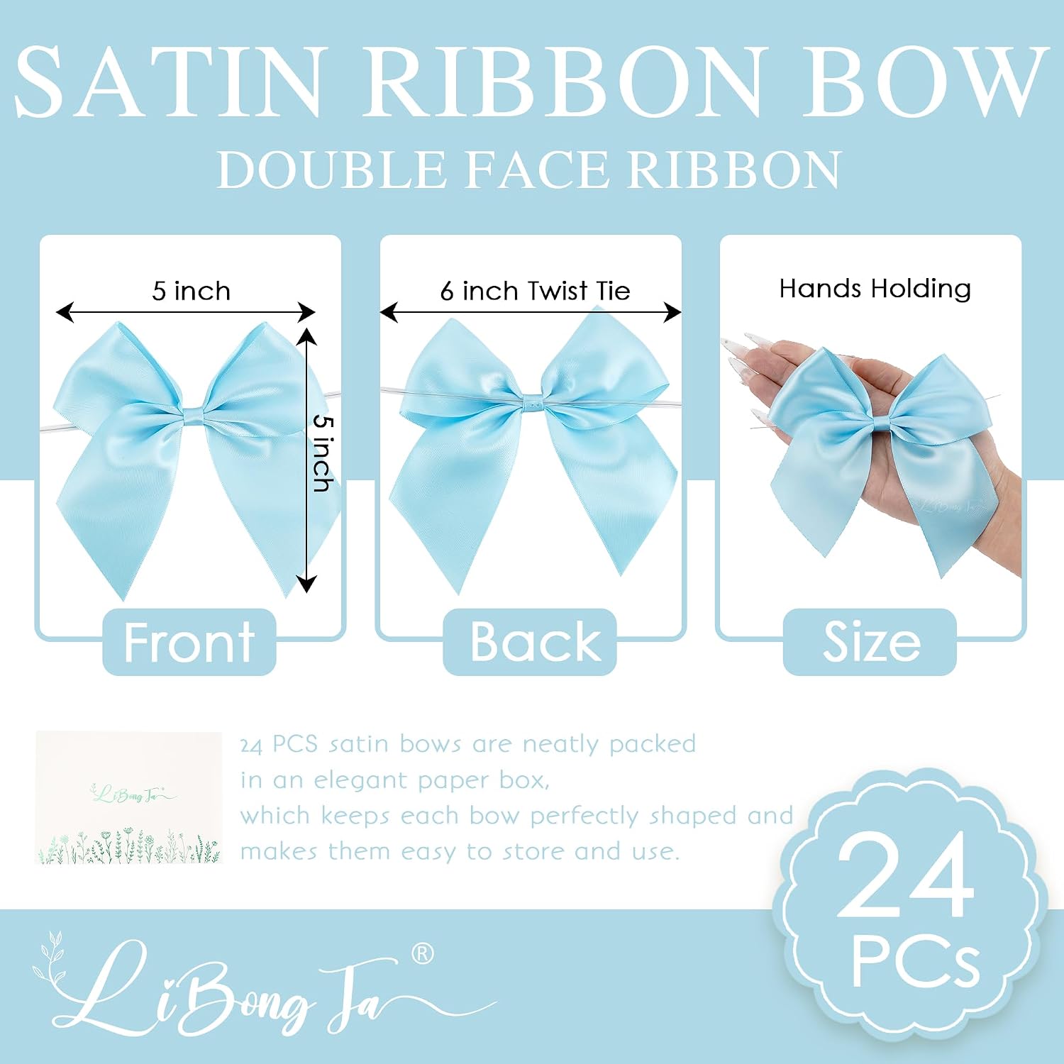Blue Small Pre-Tied Twist Tie 5 Inch Satin Ribbon Bows 24 Counts image 2